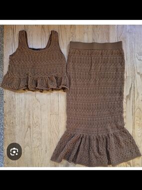 House of Harlow 1960 Brown Knit Peplum Maxi Skirt/Crop Top Set